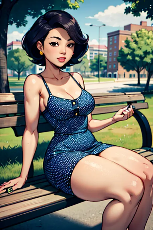 madure Woman, Thick thighs, small breast,(polka dot sundress), sitting at bench in a park, susanlongv1,  big_breasts 