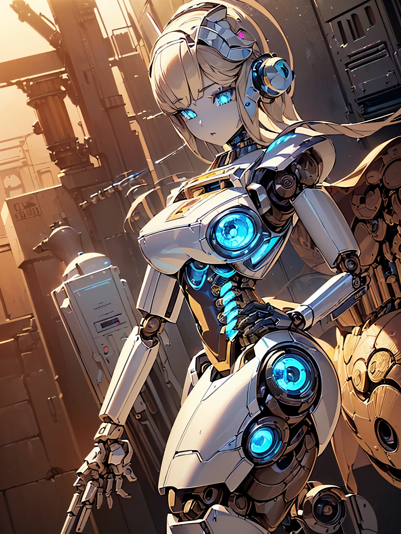 ((highest quality)),(ultra high resolution),(Super detailed),(detailed description),((best CG)),(best work of art),super precision art,great drawing art,(Sci-fi art with precise details:1.5), (One female robot:1.6),((Mechanical body detailed and detailed:1.5)),clear parts:1.6,cylinder:1.5,lens:1.3,Luminous parting line:1.4