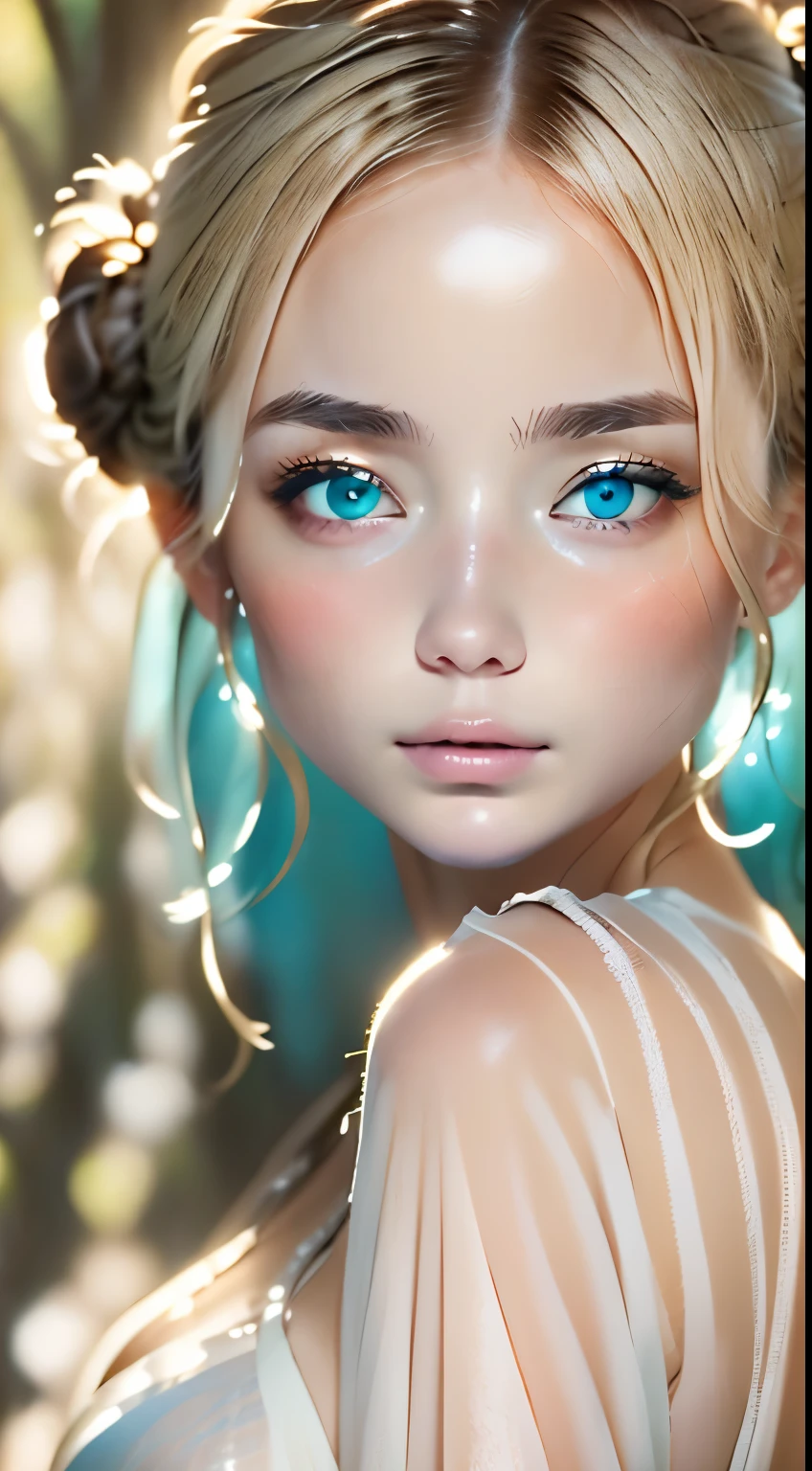 beautiful turquoise eyes、Perfect good looks、anatomy、２０talent、cute face、Beautiful Caucasian Woman、An ennui look、detailed face、very beautiful woman、Bewitching、silence、See-through feeling、White skin like porcelain、bun hair、ash blonde、plump lips、seductive lips、transparent processing、very realistic、RAW photo、highest quality、Highest image quality、master piece:1.3、Portrait、Natural light、perfect lighting、professional photographer