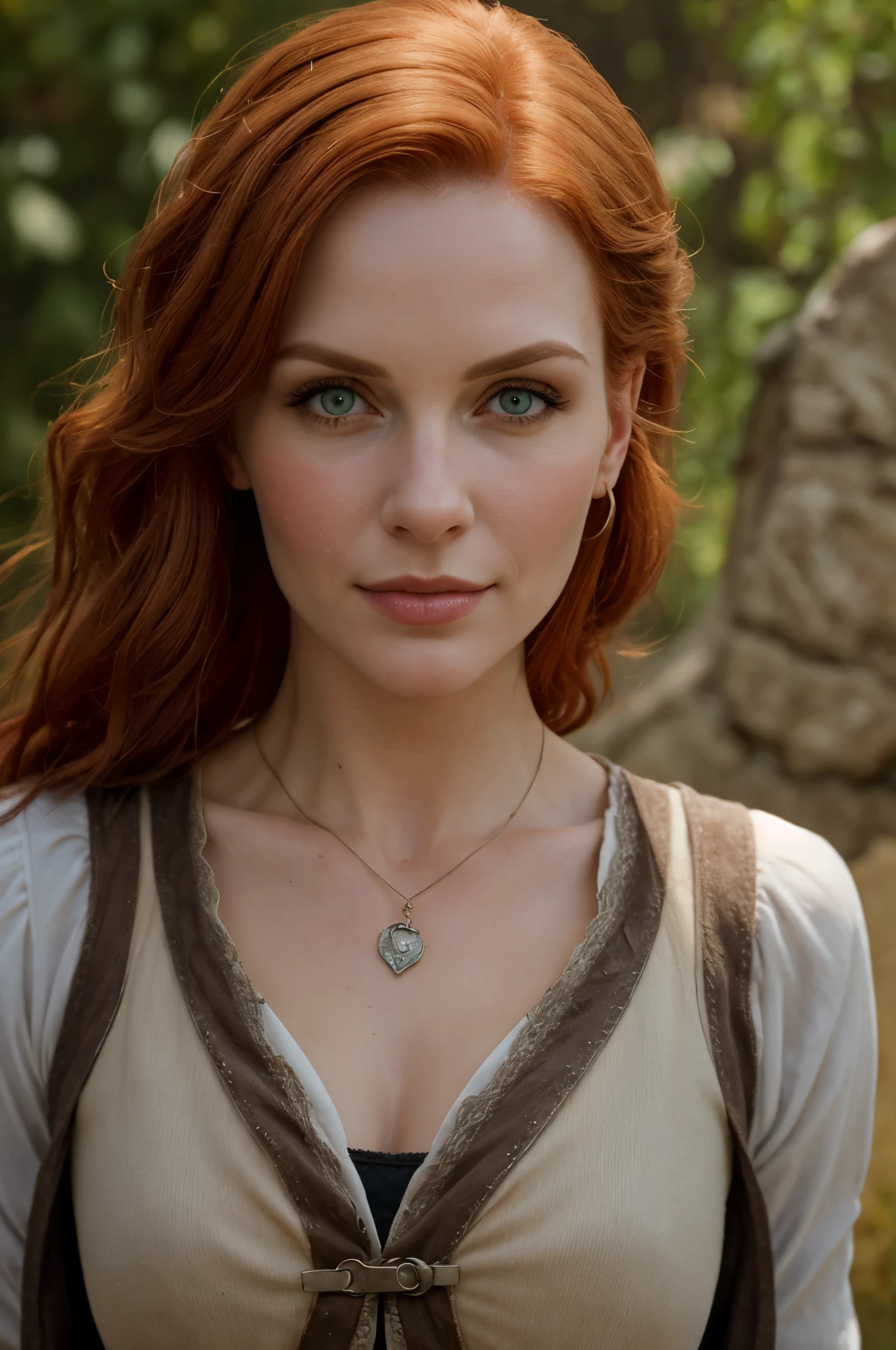 (Realistic:1.2), analog photo, RAW, magician woman with ginger hair and minuscule clothes, Triss Merigold, fantasy setting in "The Witcher" style, full body, soft natural light, Cute and sexy, pleasure, detailed face and eyes, Great quality, masterpiece, detailed fantasy background with medieval environment, Quality: 16K