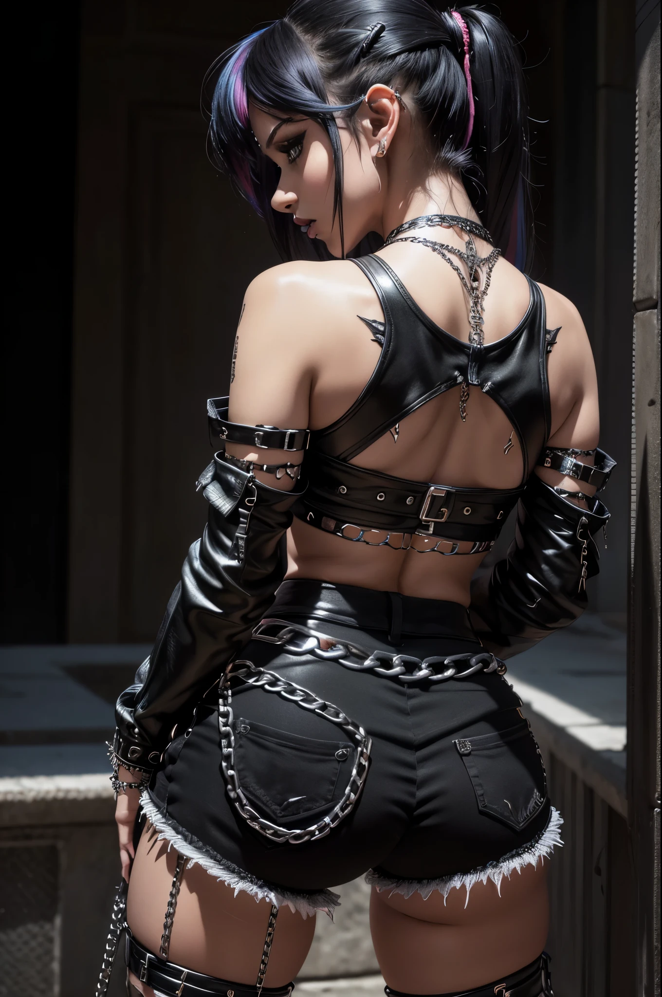 Hyper realistic super detailed sexy young gothic girl , expressions faciales sexy, seductive facial expressions, full body, dynamic pose, back view [:(Face detail: 1.4): 0.4], 16K resolution, 4k resolution, (Ventre plat parfait), (image couleur),
edgpshorts, a woman in a black top and shorts  with chains on her waist , wearing edgpshorts
 