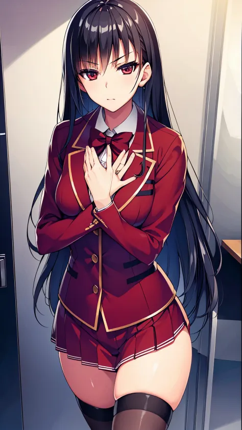 a woman in red school uniform,black hair, red eyes, classroom
masterpeace, best quality, (extremely detailed CG:1.4), highly detailed faces