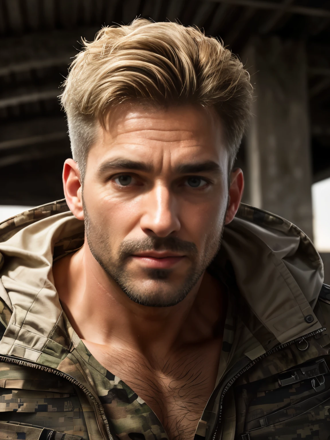 masterpiece, best quality, high resolution, closeup portrait, male focus, solo focus, A man, 50 years old, with military clothes, soldier, blonde bleached hair, messy hairstyle, cute and seductive face, bare chest, body hair, facial hair, roman nose, very skinny body, hairy legs, dimples, beard, bold jawline , in the background a millitary camp and other soldiers,  view from below, amazing composition, front view, HDR, ultra quality, elegant, highly detailed