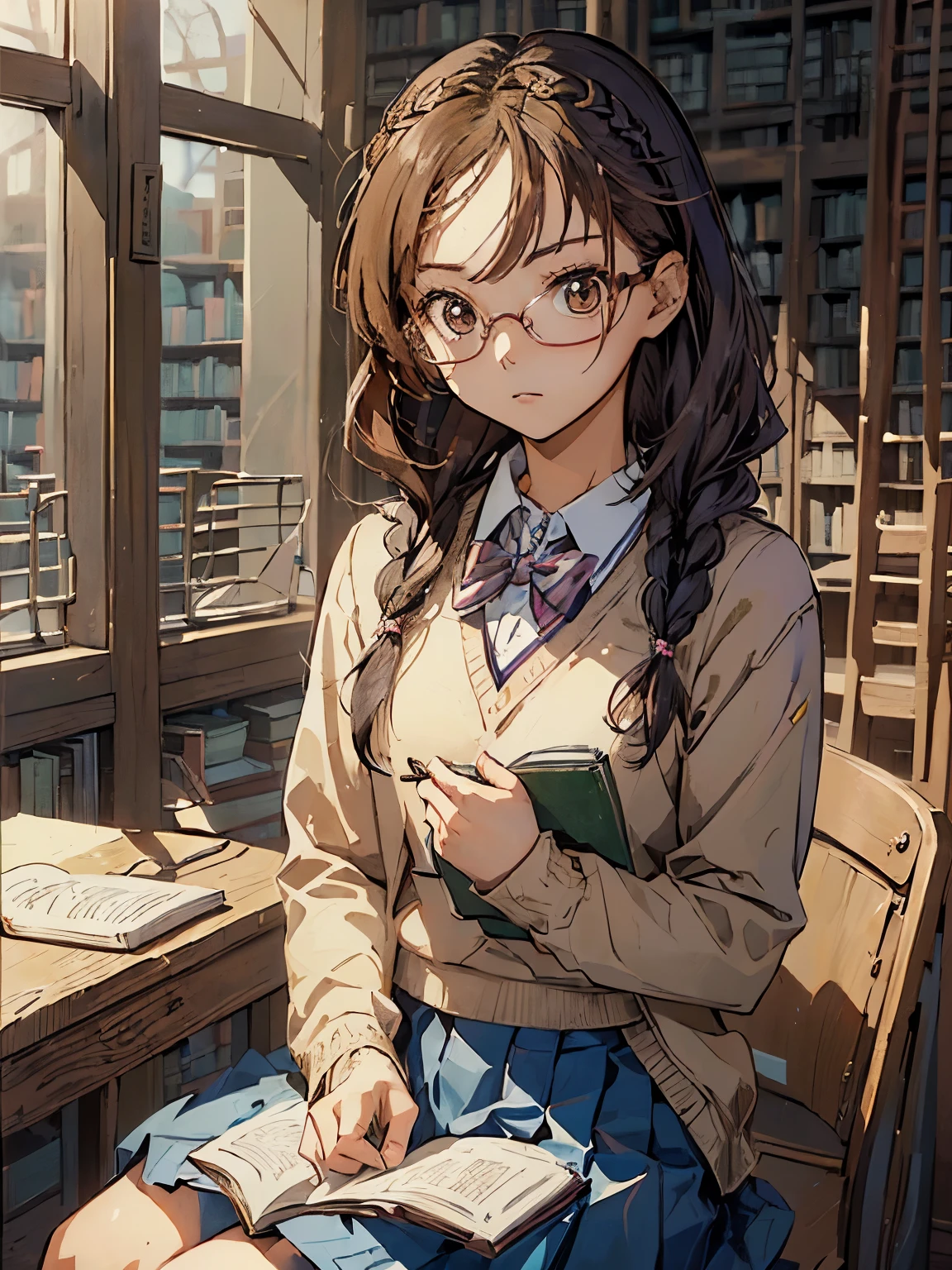 (((Obra de arte))) (((Fundo : tema escolar : biblioteca : livros ))) ((( personagem : Adolescente : Tzuyu : nerd : corpo em forma : cabelo trançado : copos :  : sentado : estudo sério )))