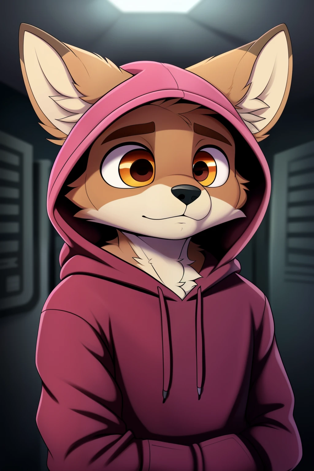 By SketchyArtist, posted on e621, (by FurryMaster, by ShadedFox), solo anthro, ((portrait)), Furry, wolf-coyote hybrid, wearing hoodie, ((casual attire)), furry body with gray and brown fur, detailed fur texture, big round eyes, pointed ears, long snout, fluffy tail, hood covering the head, revealing only the eyes and the tip of the snout, ((three-quarter view)), cinematic lighting, detailed shading, expressive eyes, (high resolution:1.2), (best quality:1.1), (detailed fur:1.0), (hoodie detail:1