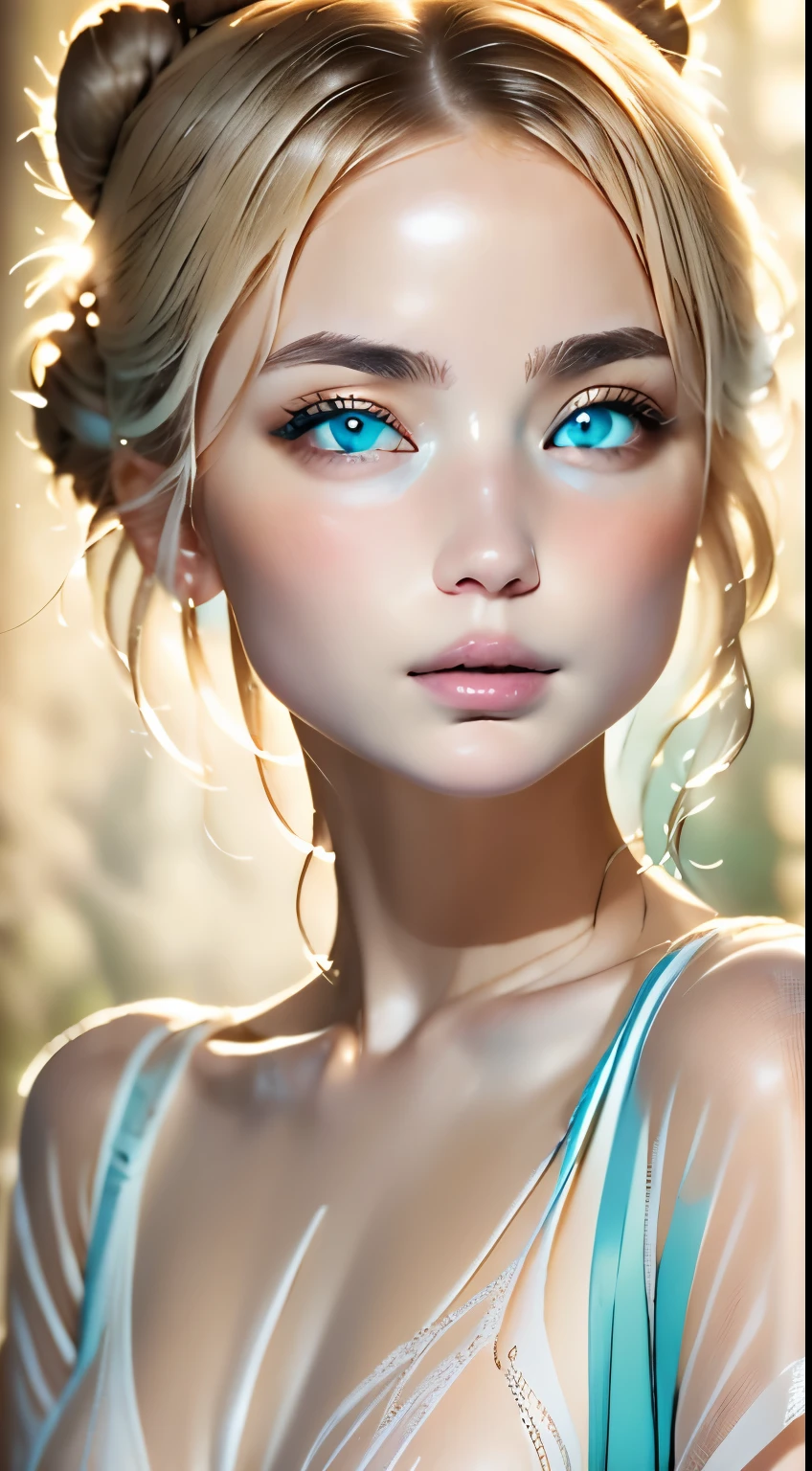 beautiful turquoise eyes、Perfect good looks、anatomy、２０talent、cute face、Beautiful Caucasian Woman、An ennui look、detailed face、very beautiful woman、Bewitching、silence、See-through feeling、White skin like porcelain、bun hair、ash blonde、plump lips、seductive lips、transparent processing、very realistic、RAW photo、highest quality、Highest image quality、master piece:1.3、Portrait、Natural light、perfect lighting、professional photographer
