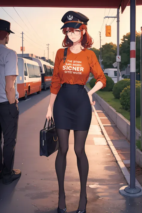 1 girl, alone, Red hair, red eyes, double tail, staff, pencil skirt, Skull print, Navy cap, orange sky,, outdoor, TRAIN STATION,...