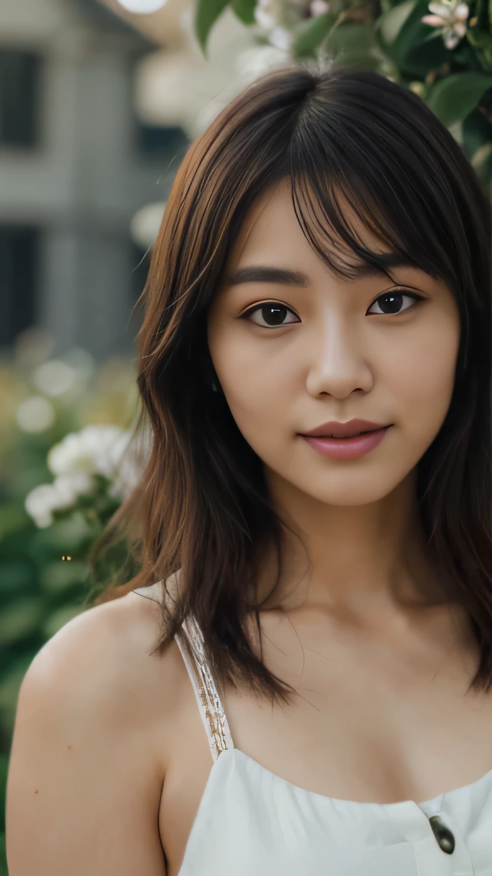 (haft body, portrait: 1.4), ((Best Quality, 8K, unreal engine, Masterpiece:1.3)), hyperrealistics style, (Image, Photograph), (Imada Mio:1.0), (Jisoo:0.5), Photos of young Japanese women named Haruka, 27 years old, beautiful face, very small chest, long black hair, white skin, light eyebrow, (White Shirt, Pink Skirt), double eyelids, standing in front of flower garden, sunshine, warm, looking at the viewers, highly detailed glossy eyes, high detailed skin, skin pores, beautiful, super fine face, exquisitely rendered details on face and skin texture, organic, stunningly beauty, soft and smooth body, smile, diffuse lighting, ornate, smooth