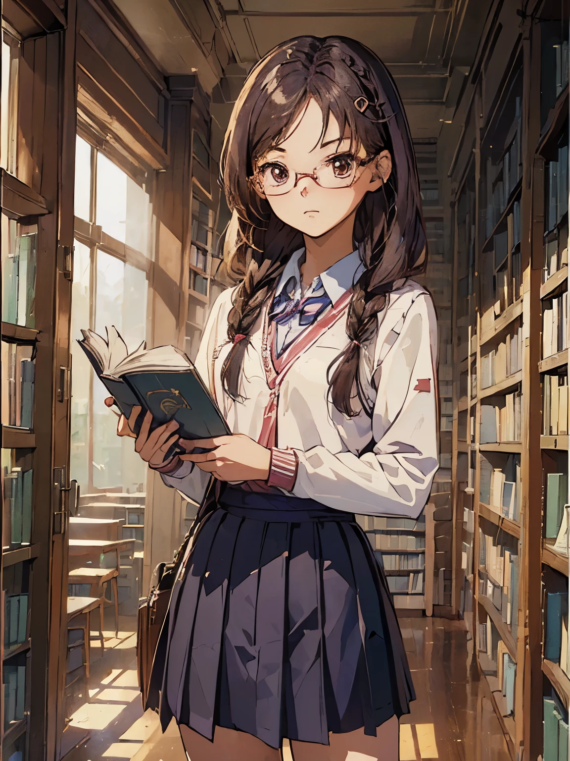 (((obra maestra))) (((fondo : tema escolar : biblioteca : libros ))) ((( personaje : adolescente : Tzuyu : nerd : cuerpo en forma : pelo trenzado : anteojos : Uniforme escolar : parado tímidamente : serious  )))