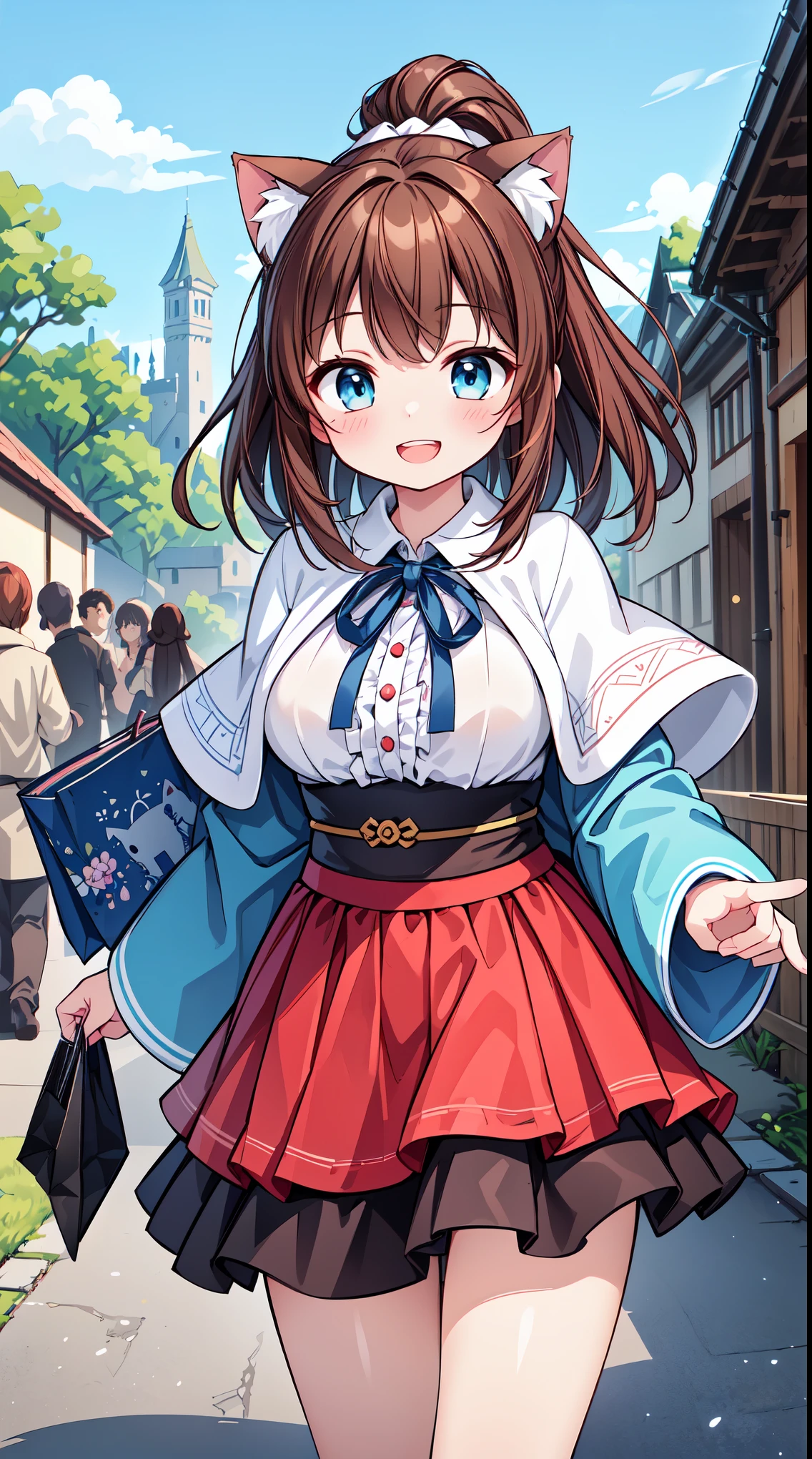 (masterpiece, top quality, best quality, official art, beautiful and aesthetic:1.2),ultra-detailed,intricate details,amazing illustration,award-winning art,atmospheric, 
BREAK, 


, 1 beautiful girl, (17 years old girl),Solo,(Cute:1.5),(Chibi:0.6),(kawaii:1.5),(Lori:0.5),BREAK,1 beautiful girl, (17 years old girl), Very detailed, colourfull, highest details, BREAK, (Huge breasts: 1. 2), Clear skin, Beautiful skin, Shy skin, 1 beautiful girl, (Brown hair:1.75), (Cat ears, Ponytail, medium-Long hair: 1. 2), (Light blue eyes, long eyelashes, Double eyelids: 1. 2),Solo,gleaming skin, Clear skin, Beautiful skin,(best quality face),(Top quality glowing eyes),(The best smile,:D:1.45),   nose blush, sleepy, grin, open mouth,
BREAK, winter-inspired motif, faux fur, white lace, (closed collar long-sleeved blouse with frilled and ribbon:1.2), a volumey pannier under (various kinds of colored:1.1) (long skirt:1.33) with (lots of layered frills:1.2) and ribbons, (fluffy ear muffs and capelet and socks:1.2), ankle boots,

BREAK,Romper,(early evening),Walking, (Fantasy,castle and town:1.5),(Japanese castle town,Beautiful building:1.3),(a person々way of life),(Flowers, Trees, Nature:1.3),romantic,(shopping street,street vendors:1.2),(Blue sky), Waterfall,depth of fields,
BREAK,wakame,wakame,wakame,(Cowboy Shot:1.4),

BREAK,(Blurry background:1.3),(absurderes, hight resolution, Super Detail Art),cel shading,Clear Color, Lonely optical effect, Beautiful pictures, Bright glow, mystic atmosphere,(Close-up of girl:1.1), Mystical light particle effect,manga influence, clean line drawings,