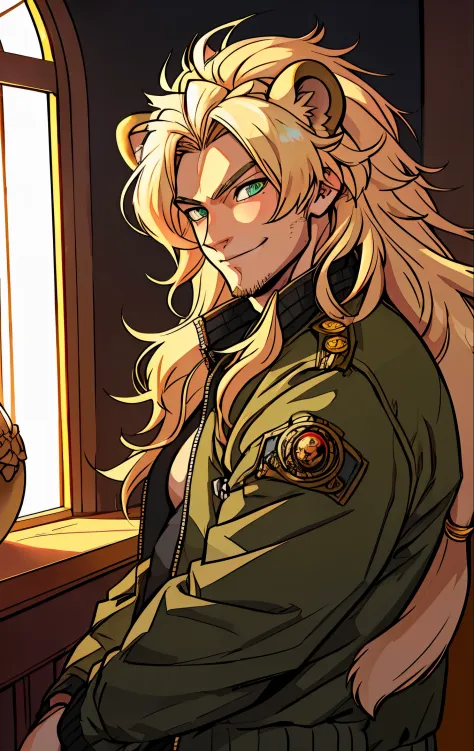 One male, lion ears, long hair, blond, blond hair, green eyes, tall, muscular, black bomber jacket, beautiful face, highest qual...