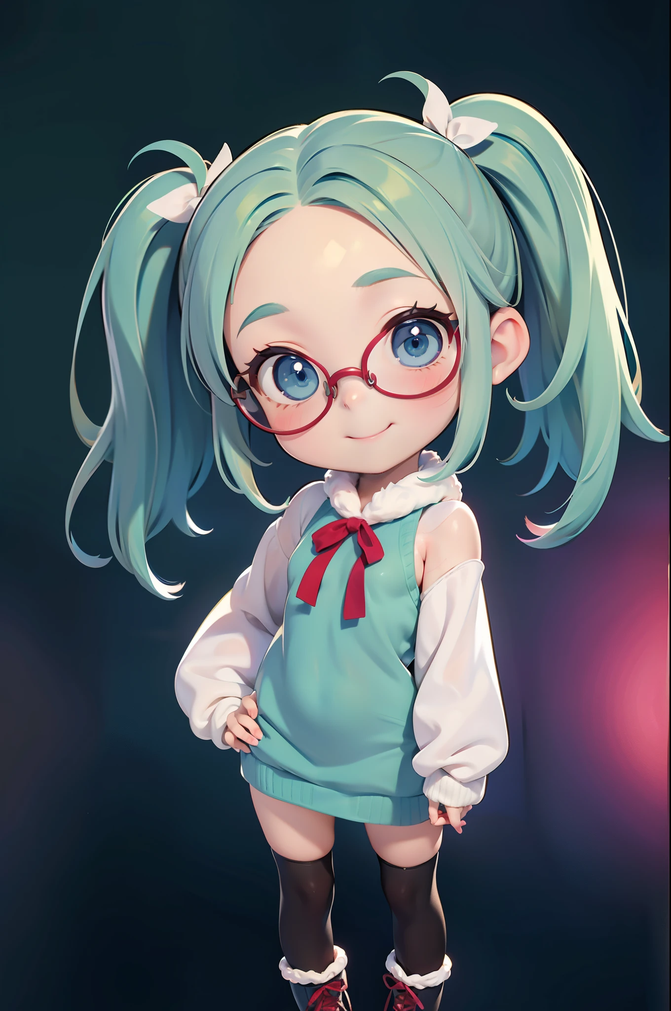 little girl, smiles, (Very small breasts), (deep blue eyes), (Pale green hair, Short hair, forehead, Small pigtails), (red-half-rimed glasses), winter costume with fluff, Warm, fur, Ribboned, knit sweater-in-dress, ribbon tie, Zettai-ryoiki, colorful tights, fur boots, full body Esbian, ​masterpiece, Ultra Quality。