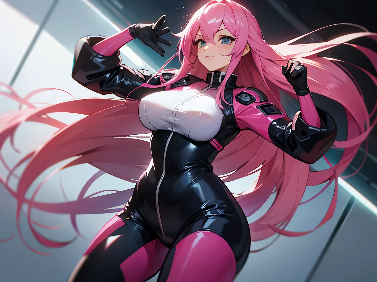 Anime girl in latex outfit posing with pink hair and gloves - SeaArt AI