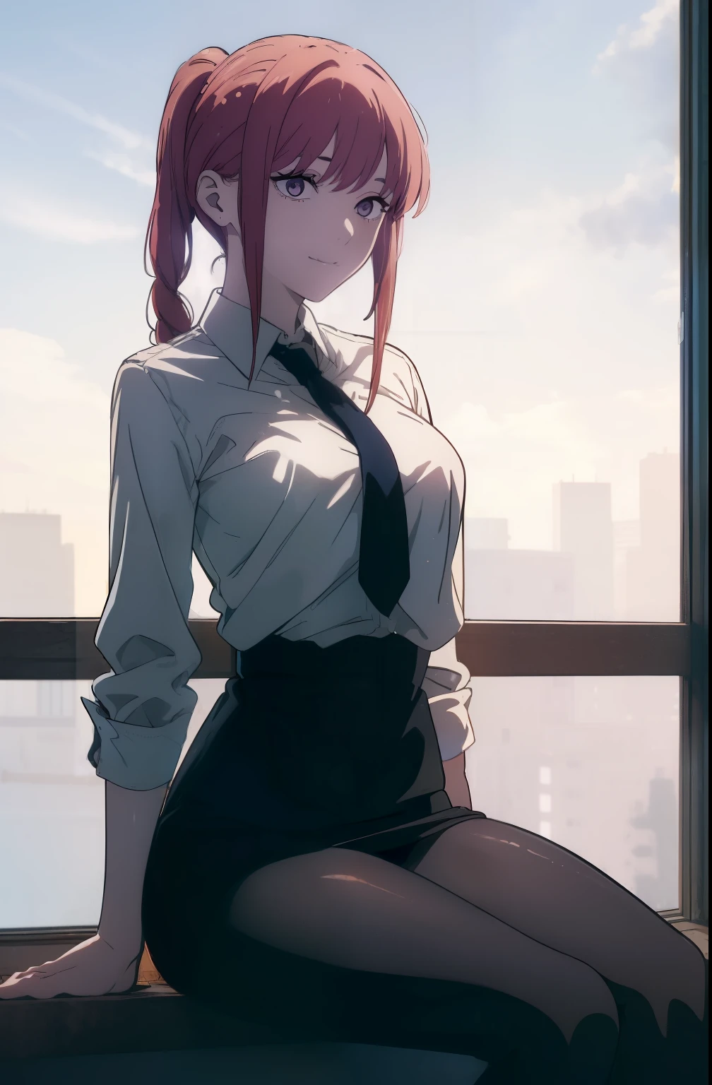 Anime girl sitting on a window sill looking out at the city - SeaArt AI