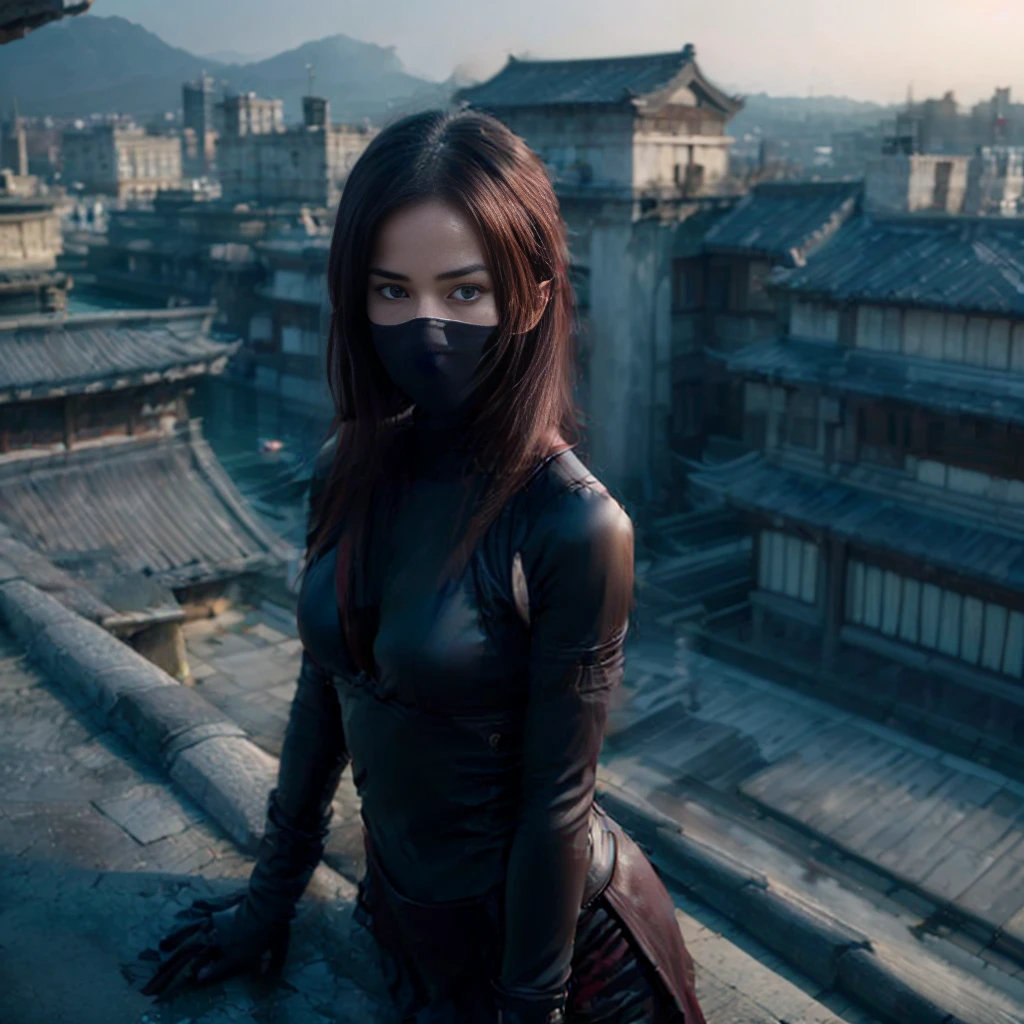 (best quality,4k,highres:1.2),ultra-detailed,realistic,sharp focus,kunoichi,ninja,girl,beautiful detailed eyes,perfect body,photorealistic,ultra-realistic texture,fine details,detailed face and body,stylish outfit,dark background,professional artwork,vivid colors,subtle lighting,concept artists