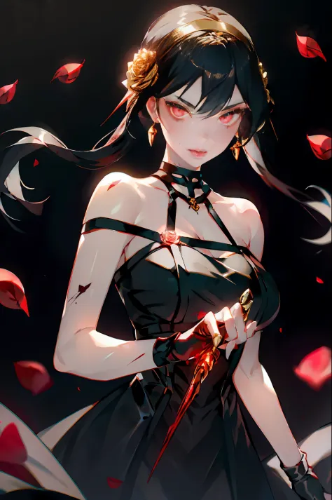 1girl, backlighting, bare shoulders, black background, black dress, black gloves, black hair, blood, blood on face, blood on wea...