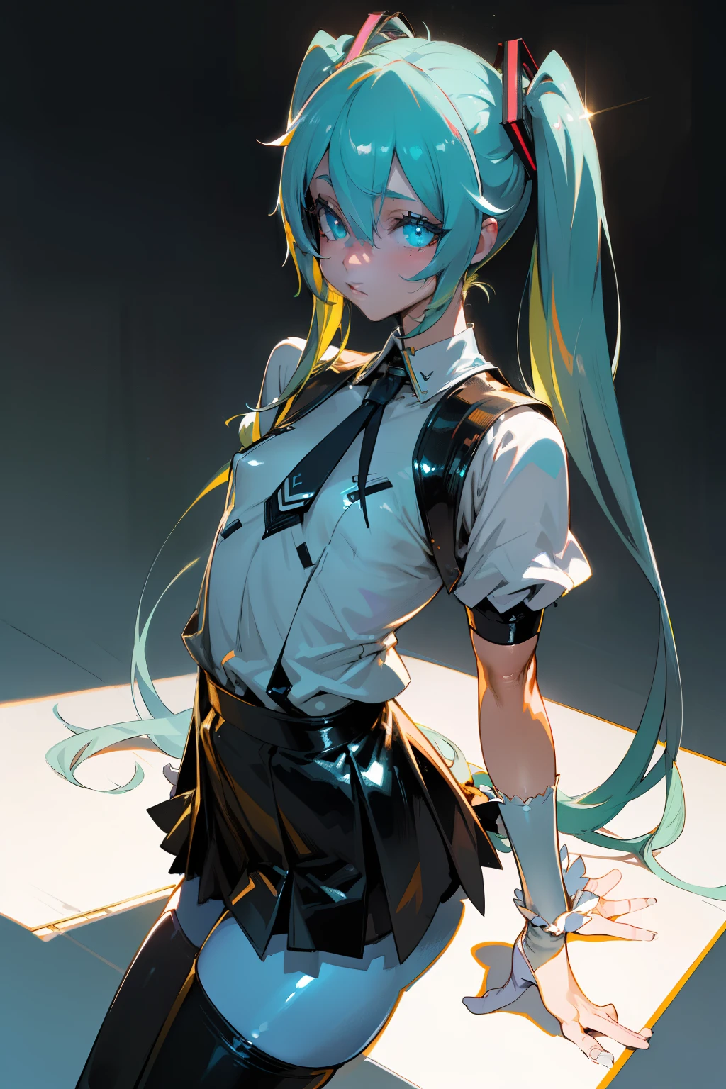 (((Asanagi Art Style))), (((1girl))), (((Waifu, VOCALOID, Miku Hatsune Waifu))), (((Long Hair, Twintails Hair))), ((Cyan Eyes eyes:1.3, Upturned Eyes: 1, Perfect Eyes, Beautiful Detailed Eyes, Gradient eyes: 1, Finely Detailed Beautiful Eyes: 1, Symmetrical Eyes: 1, Big Highlight On Eyes: 1.2)), (((Lustrous Skin: 1.5, Bright Skin: 1.5, Skin Fair, Shiny Skin, Very Shiny Skin, Shiny Body, Plastic Glitter Skin, Exaggerated Shiny Skin, Illuminated Skin))), (Detailed Body, (Detailed Face)), Young, (Best Quality), Shirt, Loose Skirt, Garter Belt, Stockings, High Resolution, Sharp Focus, Ultra Detailed, Extremely Detailed, Extremely High Quality Artwork, (Realistic, Photorealistic: 1.37), 8k_Wallpaper, (Extremely Detailed CG 8k), (Very Fine 8K CG), ((Hyper Super Ultra Detailed Perfect Piece)), (((Flawlessmasterpiece))), Illustration, Vibrant Colors, (Intricate), High Contrast, Selective Lighting, Double Exposure, HDR (High Dynamic Range), Post-processing, Background Blur, Inky Shadows, Darker Shadows, Thick Shadows, High Quality Shadows, high detail, realistic, Cinematic Light, sidelighting, Lens Flare, Ray tracing, sharp focus,