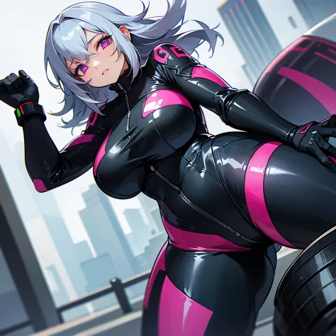 rubber suit　lively　sexy　cyber punk　gray hair　pink eyes　thighs　motorbiker