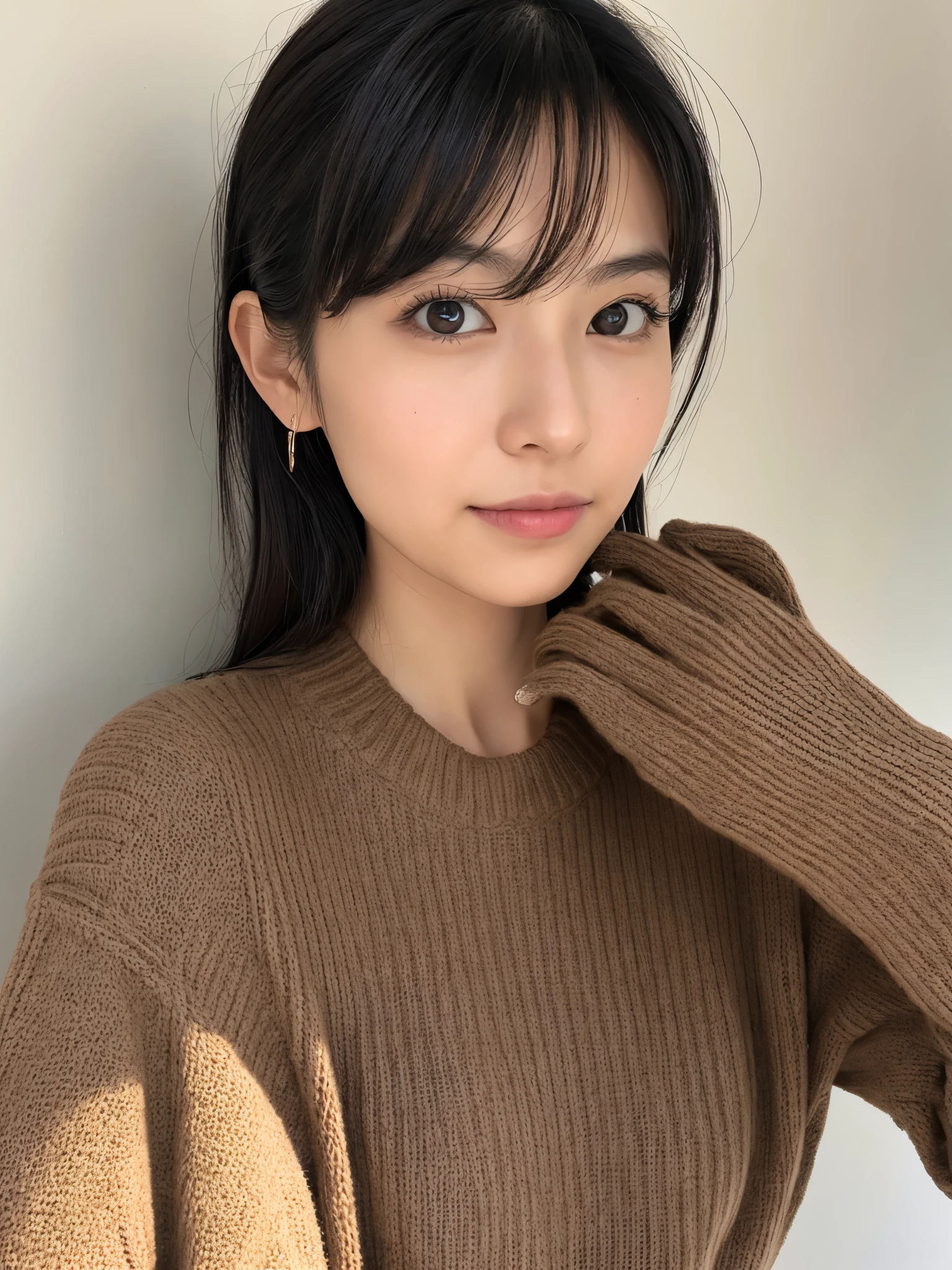 A Japanese lady, skinny figure, small breasts, extremely thin waist, beautiful face, beautiful eyes, natural make up, black hair, knit sweater, skirt, 1girl in, solo, detailed face and eyes, detailed fingers and arms. upper-body photo. Realistic, Photorealistic.