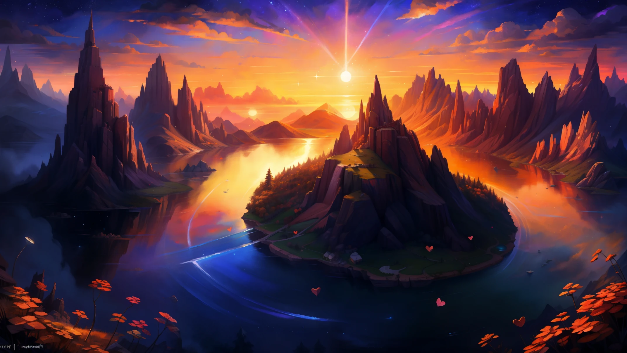 (absurd res), ((ultra high resolution)), (((masterpiece quality))), ((isometric view)), ((breathtaking painstakingly detailed background)), ((impressive lighting)), ((sunset clouds)), ((floating hearts)), ((sparkles)), confetti, sunlight, ⫷|⫸ by foxovh, by SligartheTiger, by cumbread, by gammainks, by seibear, by lollipopcon, by dizzyknight, by greasymojo, by xpray, by roly, by honovy, by taran fiddler, by kenket, by riendonut, by Bayard Wu, by Thomas Benjamin Kennington , by Einshelm, ⫷|⫸ Vast landscape photos，（look from down，Above is the sky，Below are open fields），a girl standing on flower field looking up，（moon full：1.2），（Meteors：0.9），（Starcloud：1.3），Far Mountain, Tree BREAK making art，（Warm light source：1.2），（glowworm：1.2），lamp lights，lots of purples and oranges，intricately details，Volumetric lighting BREAK（tmasterpiece：1.2），（best qualtiy），4K，ultra - detailed，（dynamic compositions：1.4），Plenty of detail，plethora of colors，（Irridescent color：1.2），（with light glowing，Atmospheric lighting），dream magical，magical，（solo：1.2 💥⭕💯💠☾•☾•☾•☾•☾•☾•☾•☾•☾•☾•- INCREDIBLE LANDSCAPE •☾• (absurd res), ((ultra high resolution)), (((masterpiece quality))), ((isometric view)), ((breathtaking painstakingly detailed background)), ((impressive lighting)), ((sunset clouds)), ((floating hearts)), ((sparkles)), confetti, sunlight, ⫷|⫸ by foxovh, by SligartheTiger, by cumbread, by gammainks, by seibear, by lollipopcon, by dizzyknight, by greasymojo, by xpray, by roly, by honovy, by taran fiddler, by kenket, by riendonut, by Bayard Wu, by Thomas Benjamin Kennington , by Einshelm, ⫷|⫸ scenery of a star shining in the sky over a body of water, cosmic skies. by makoto shinkai, makoto shinkai cyril rolando, makoto shinkai. —h 2160, ( ( makoto shinkai ) ), style of makoto shinkai, makoto shinkai!, by Makoto Shinkai, by makoto shinkai
