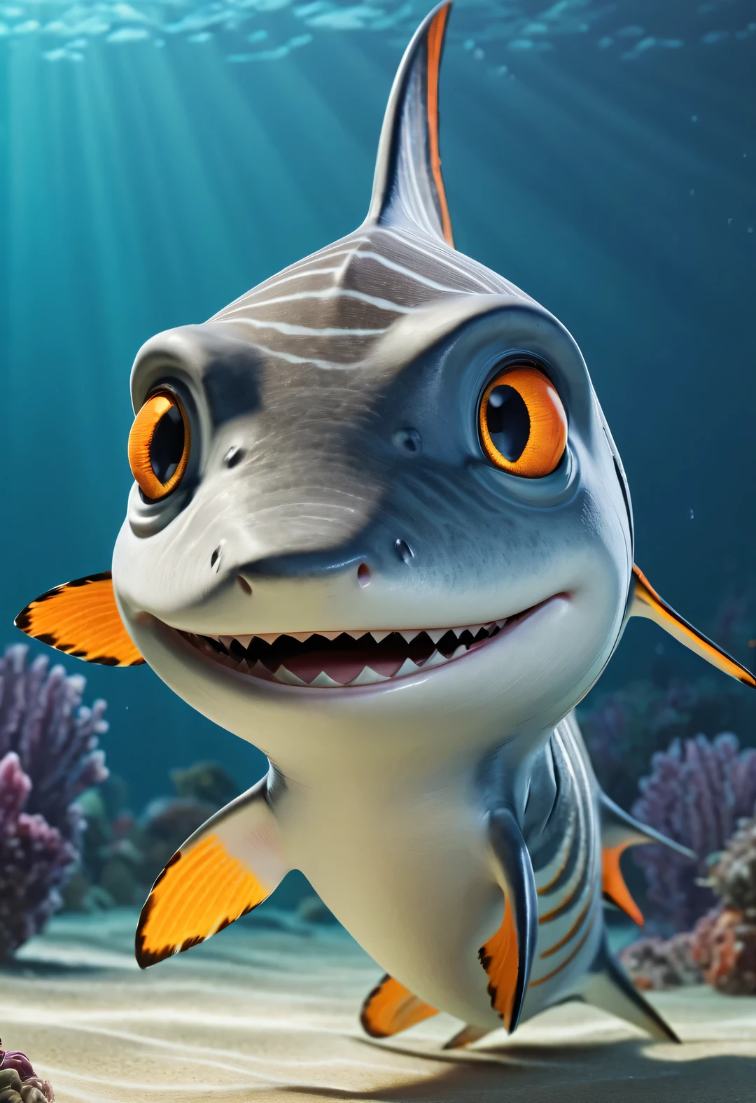 A close up of a cartoon shark with a big smile - SeaArt AI