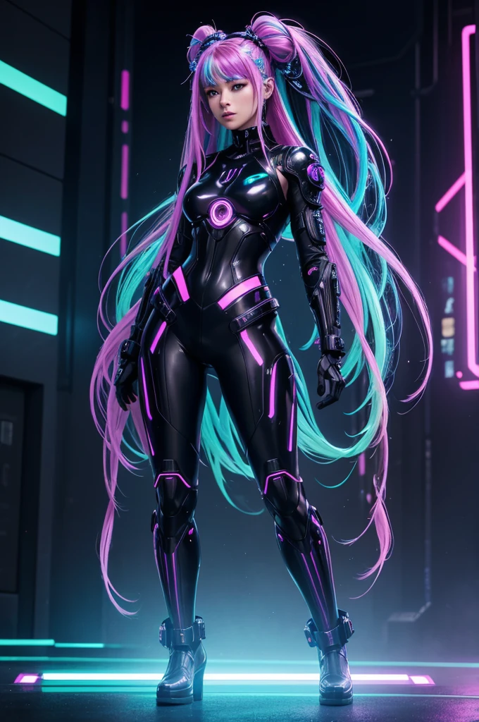 Full body view. High heeled combat boots. All black. high quality, 8K Ultra HD, full body, have a cyber saber, a mesmerizing 20-year-old woman with a futuristic beauty that seems to transcend time and space, intricately woven into her very being, encased in the cybernetic suit, move with fluidity and precision, Her flowing hair resembles streams of neon lights, casting a vibrant glow that adds a touch of cyberpunk brilliance to her appearance, Each strand of hair is meticulously crafted with holographic patterns that shimmer and shift, creating an ever-changing display of colors, by yukisakura, highly detailed,
