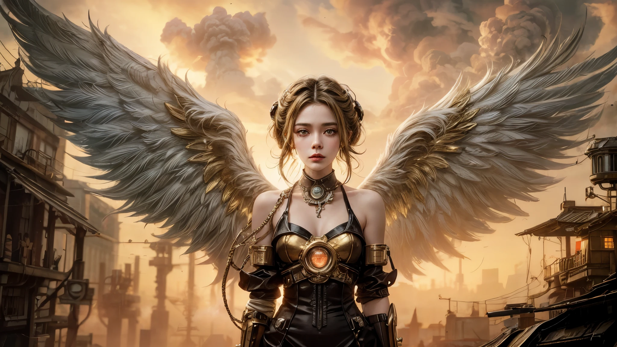 A photograph captures a fleeting moment where a girl embodies the essence of both an angel and a cyberpunk-steampunk muse. Amidst swirling smoke, use the ((golden hour)) to infuse the scene with warmth, highlighting the ((emotional)) juxtaposition of ethereal wings and futuristic elements.