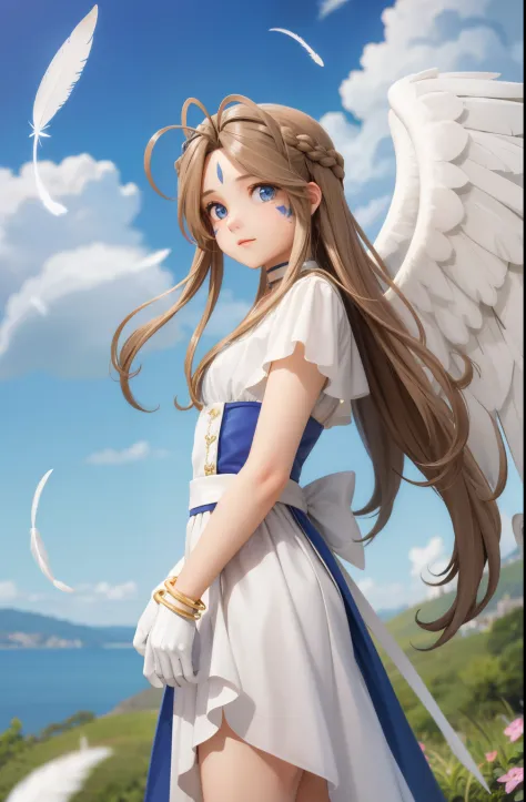 (masterpiece), best quality, high resolution, belldandy, long hair, blue eyes, brown hair, facial mark, forehead mark, gloves, w...