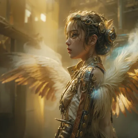 A photograph captures a fleeting moment where a girl embodies the essence of both an angel and a cyberpunk-steampunk muse. Amids...