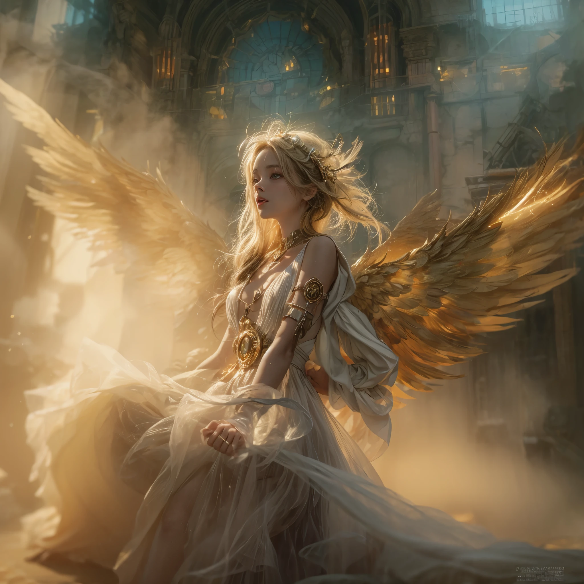A photograph captures a fleeting moment where a girl embodies the essence of both an angel and a cyberpunk-steampunk muse. Amidst swirling smoke, use the ((golden hour)) to infuse the scene with warmth, highlighting the ((emotional)) juxtaposition of ethereal wings and futuristic elements.
