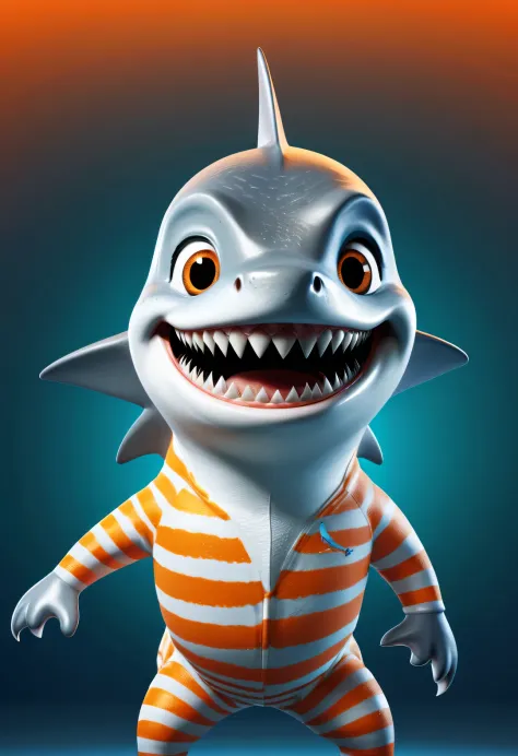 Cartoon poster design，character idea，scenography，Very unified CG design，（Oscar the Shark is being interviewed on TV：1.2），Oscar the baby shark has a silver body，with orange stripes，The mouth is also small，His eyes were big and bright，Always sparkling with w...