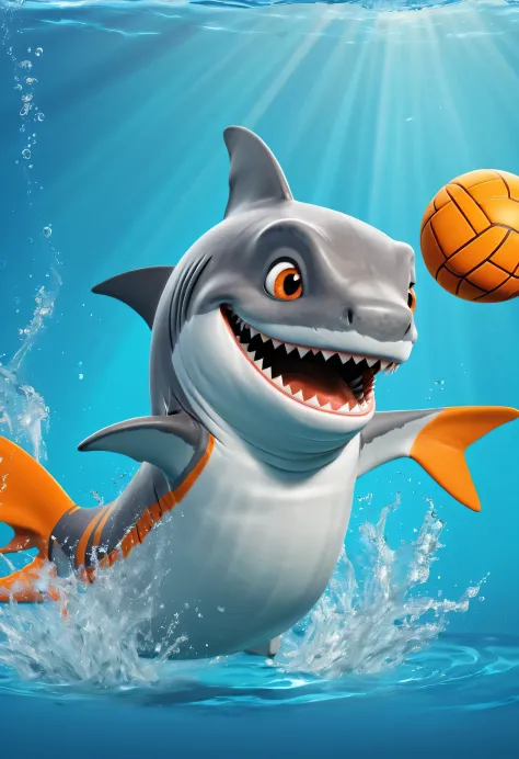 Cartoon poster design，character idea，scenography，Very unified CG design，（Oscar the little shark is playing water polo：1.1），Oscar the baby shark has a silver body，with orange stripes，The mouth is also small，His eyes were big and bright，Always sparkling with...
