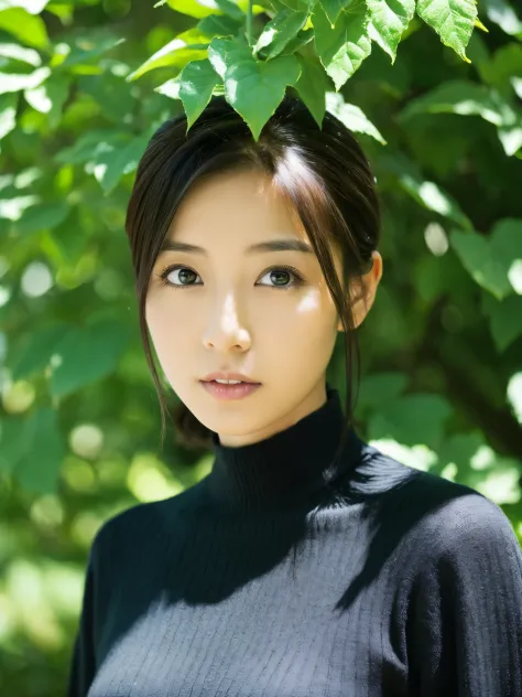 Slender Japanese woman staring at the camera、Black turtleneck sweater、Green tree on background々or bushes、High resolution、High re...