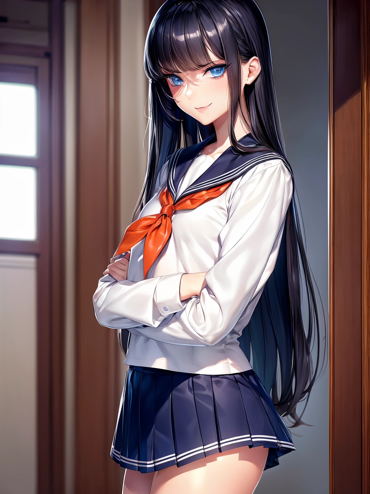 {{masterpiece}}}, {{{School Uniform}}}, {{{best quality}}}, {{ultra-detailed}}, {cinematic lighting}, {illustration}, {beautiful detailed eyes}, {1boy} [Femboy] (indoors), inside a bedroom, extremely detailed character ultra-detailed, detailed face, beautiful young teen, solo, perfect face, perfect eyes, smoky eyeliner, eyeshadow, sharp focus, intricate details, ultra detailed body, ultra detail hair, ultra detail face, long black hair, sadistic face, standing, wearing a white school sailor uniform, wearing a skirt, fair skin, hands at side, looking at viewer, blue eyes, dark blue hair, smirking, slim waist, delicate body, wearing women's clothes, flat chest, average height, sadistic, sharp face, cowboy shot, full body, highly femininize 