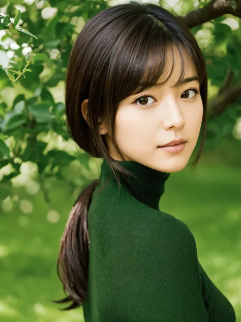 Slender Japanese woman staring at the camera、Black turtleneck sweater、Green tree on background々or bushes、High resolution、High re...