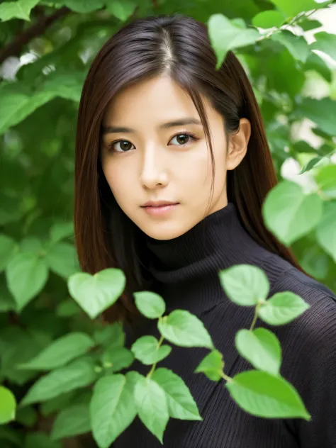 Slender Japanese woman staring at the camera、Black turtleneck sweater、Green tree on background々or bushes、High resolution、High re...