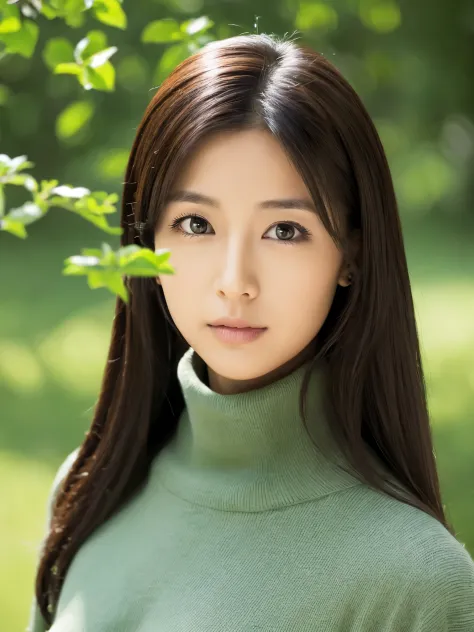 Slender Japanese woman staring at the camera、Black turtleneck sweater、Green tree on background々or bushes、High resolution、High re...