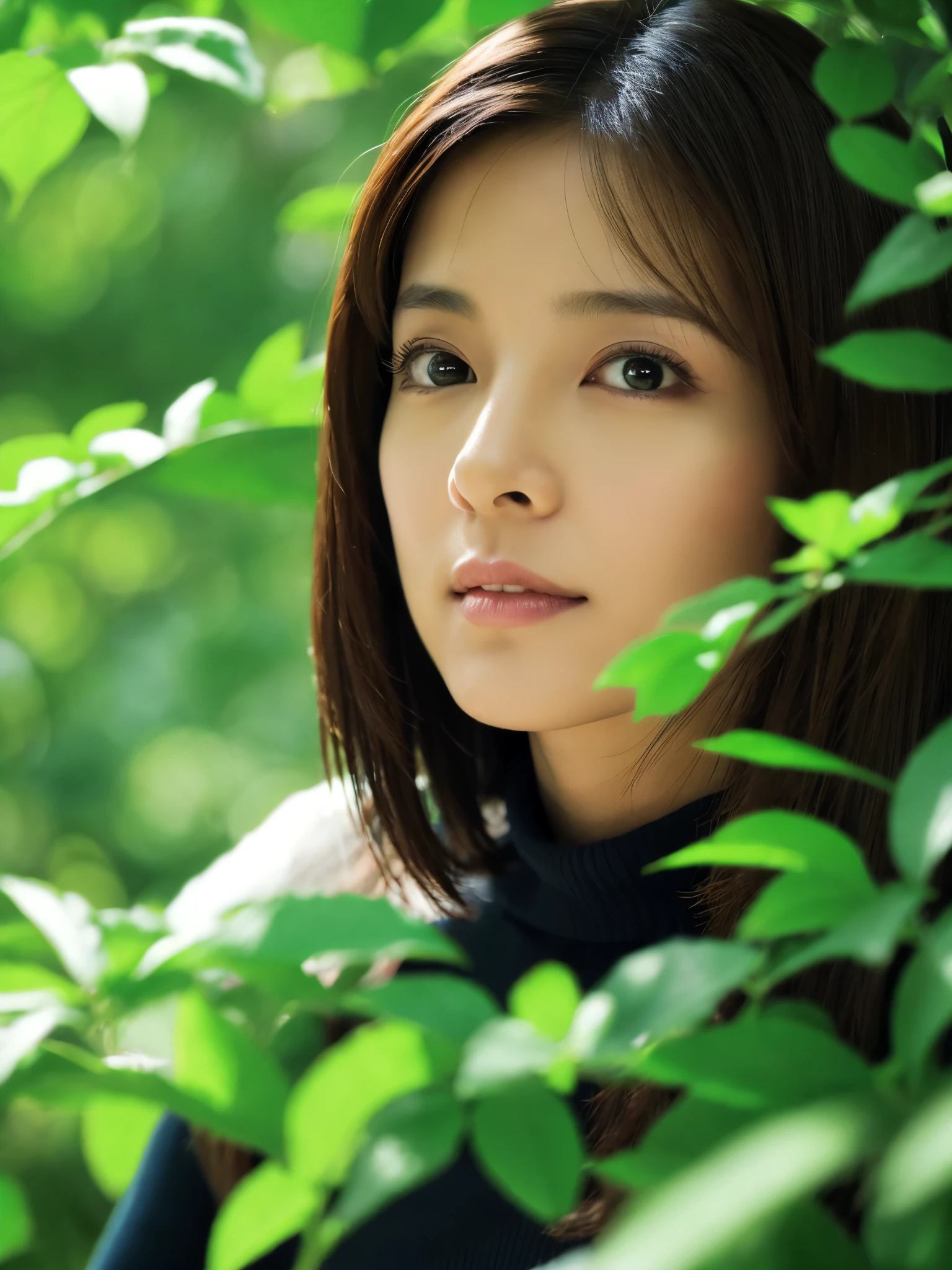 Slender Japanese woman staring at the camera、Black turtleneck sweater、Green tree on background々or bushes、High resolution、High resolutionの画像、photo from the waist up