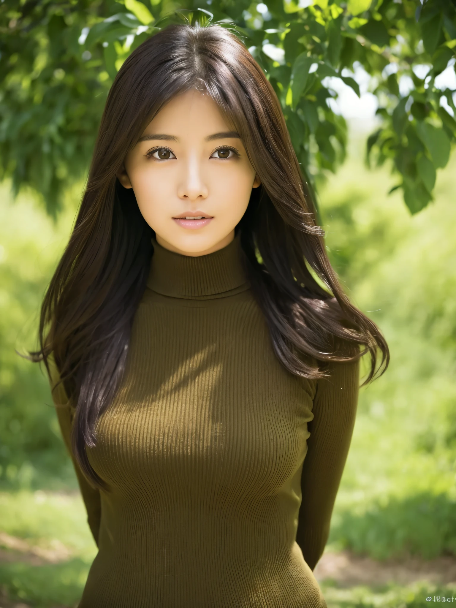 Slender Japanese woman staring at the camera、Black turtleneck sweater、Green tree on background々or bushes、High resolution、High resolutionの画像、photo from the waist up