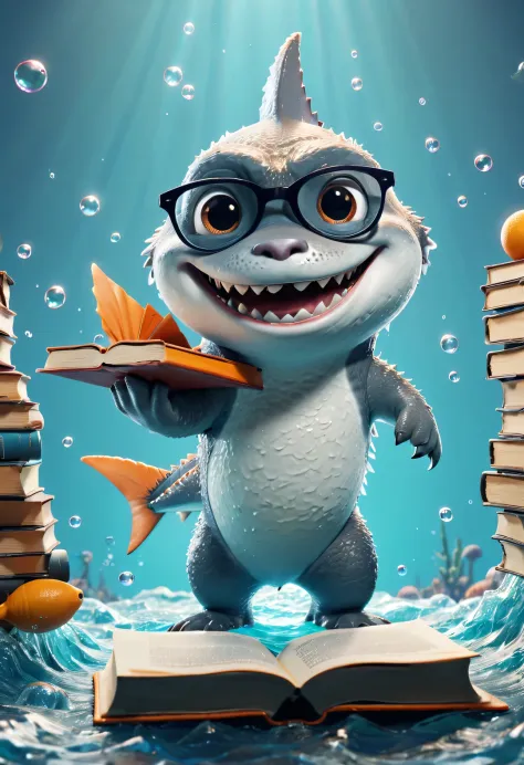 Cartoon poster design，character idea，scenography，Very unified CG design，（Oscar the little shark wearing myopia glasses holds many books：1.1），Oscar the baby shark has a silver body，with orange stripes，The mouth is also small，His eyes were big and bright，Alw...
