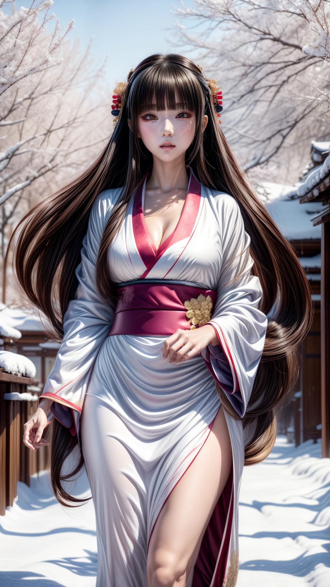  Mädchen im Kimono-Outfit geht einen verschneiten Weg hinunter, beautiful alluring Anime-Frau, inspiriert von Nishikawa Sukenobu, eine wunderschöne Kitsune-Frau, beautiful Anime-Frau, fließende weiße Gewänder, verführerisches Anime-Mädchen, japanische Göttin, wallendes Haar und lange Gewänder, süße Anime-Waifu in einem schönen Kleid, ”beautiful Anime-Frau, Anime-Frau, Anime-Mädchen mit langen Haaren