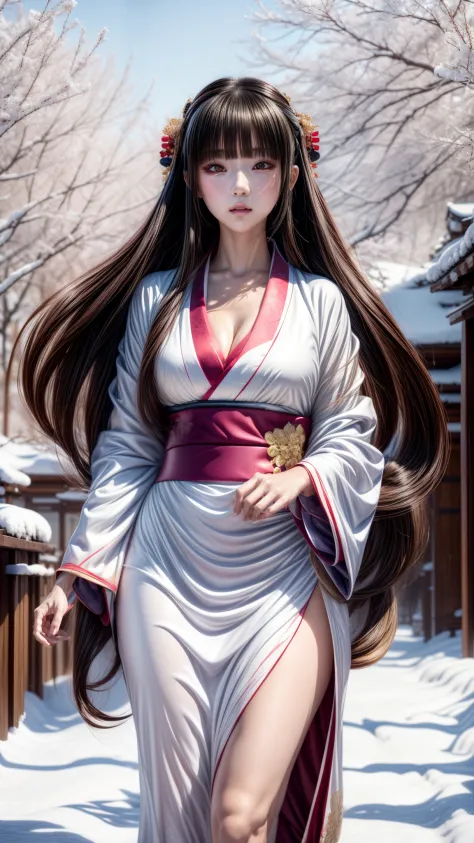  girl in kimono outfit walking down a snowy path, beautiful alluring anime woman, inspired by Nishikawa Sukenobu, a beautiful ki...