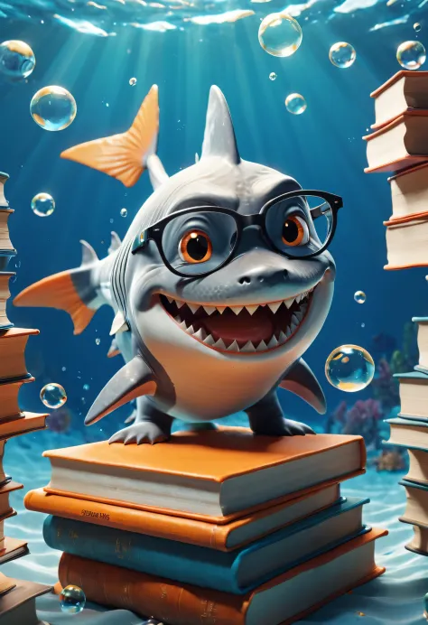 Cartoon poster design，character idea，scenography，Very unified CG design，（Oscar the little shark wearing myopia glasses holds many books：1.1），Oscar the baby shark has a silver body，with orange stripes，The mouth is also small，His eyes were big and bright，Alw...