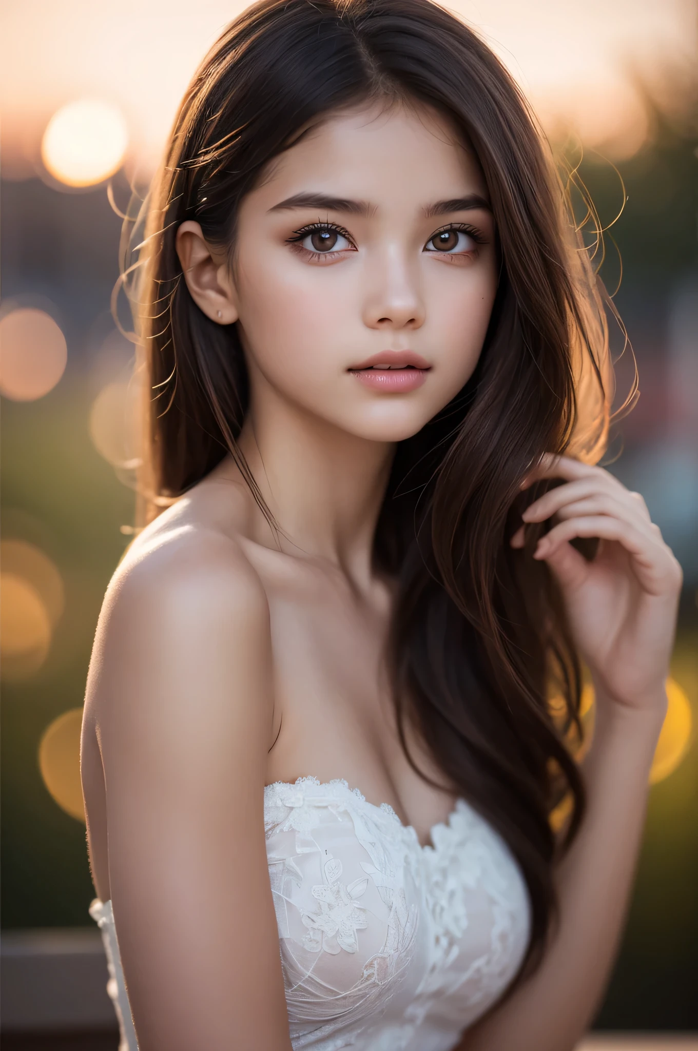 (best quality), (ultra-detailed), (llustration), (detailed light), (an extremely delicate and beautiful), 1young girl, brown hair, brown eyes, model, bare shoulders, best quality, extremely detailed CG unified 8k wallpaper, High-definition raw color photos, professional photograpy, (((Bokeh))), depth of fields, twilight, sunset,