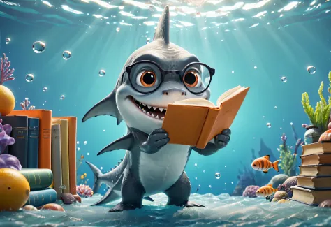 Cartoon poster design，character idea，scenography，Very unified CG design，（Oscar, Little shark wearing myopia glasses, Reading a book while swimming：1.2），Oscar the little shark has a silver body，with orange stripes，The mouth is also small，His eyes were big a...