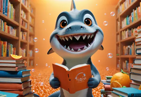 Cartoon poster design，character idea，scenography，Very unified CG design，（Oscar the little shark is holding many books：1.1），Oscar the baby shark has a silver body，with orange stripes，The mouth is also small，His eyes were big and bright，Always sparkling with...