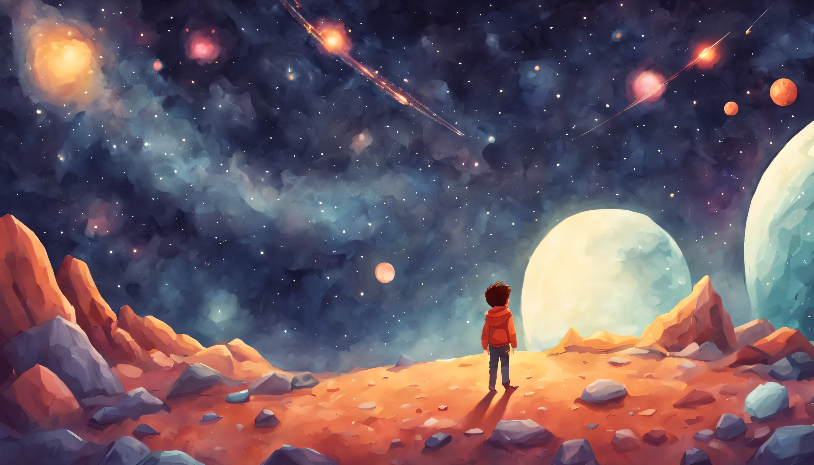 Weltraumweiße Kinderbuchillustration, Galaktische Farbpalette, Meteorregen, Weltraumlandschaft, Kosmische Nacht, Wundervolle Stimmung, KidsRedmAF,
 