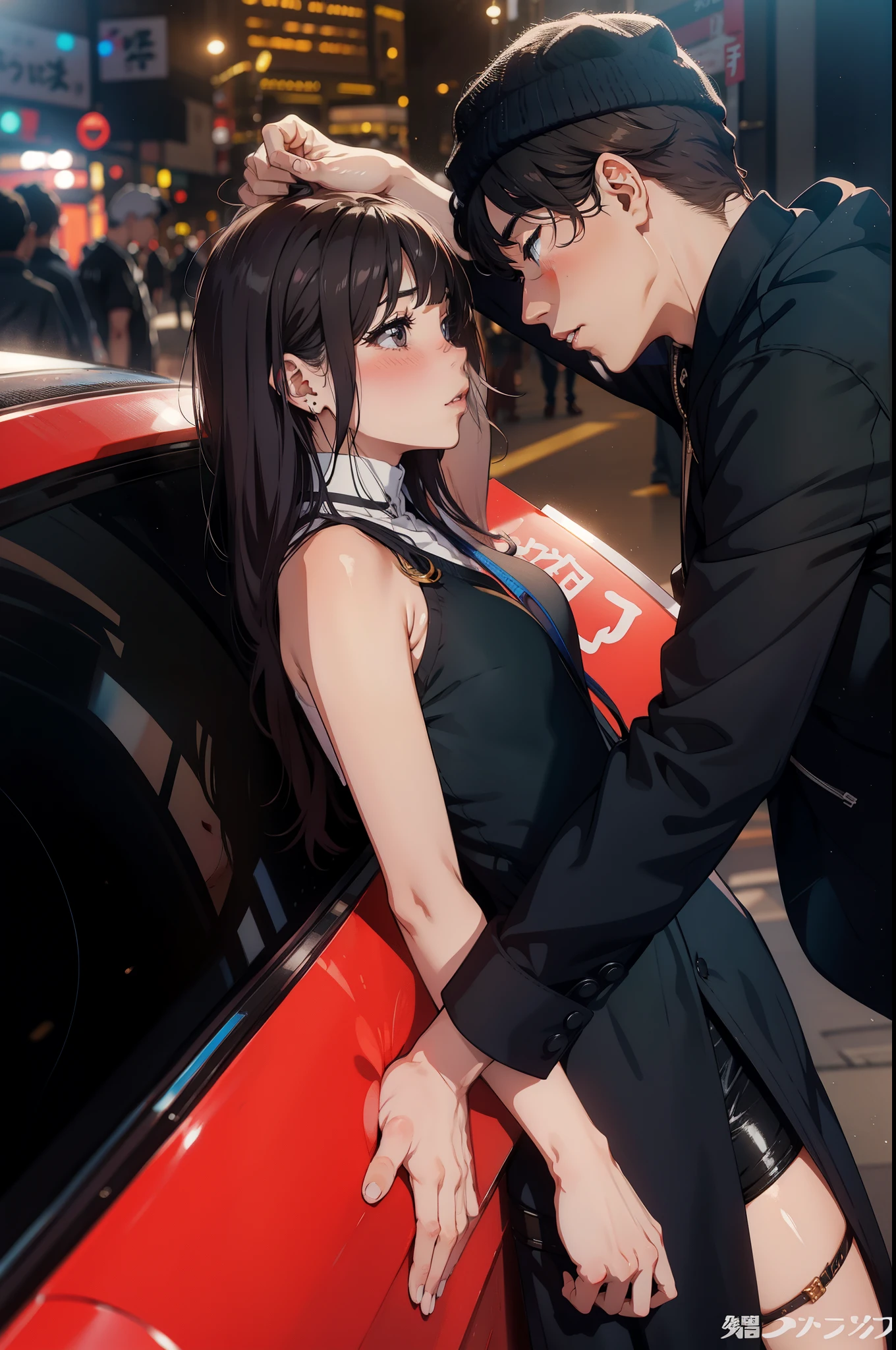 Anime couple kissing in the city at night - SeaArt AI