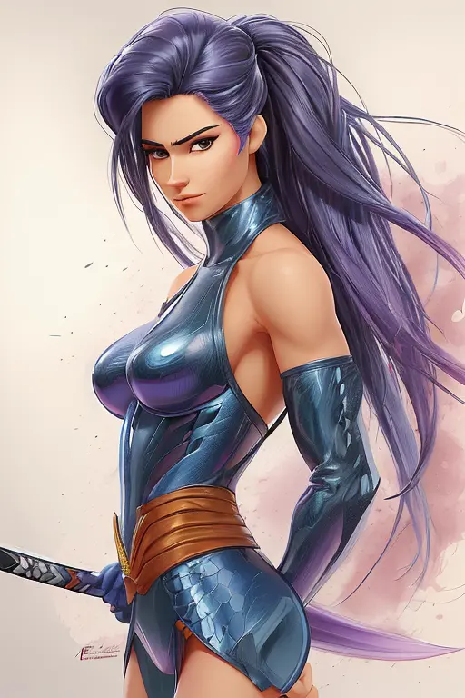 um desenho de uma mulher com cabelos longos e uma espada, psylocke, moebius + artegerm, chris moore. artegerm, artegerm greg rut...