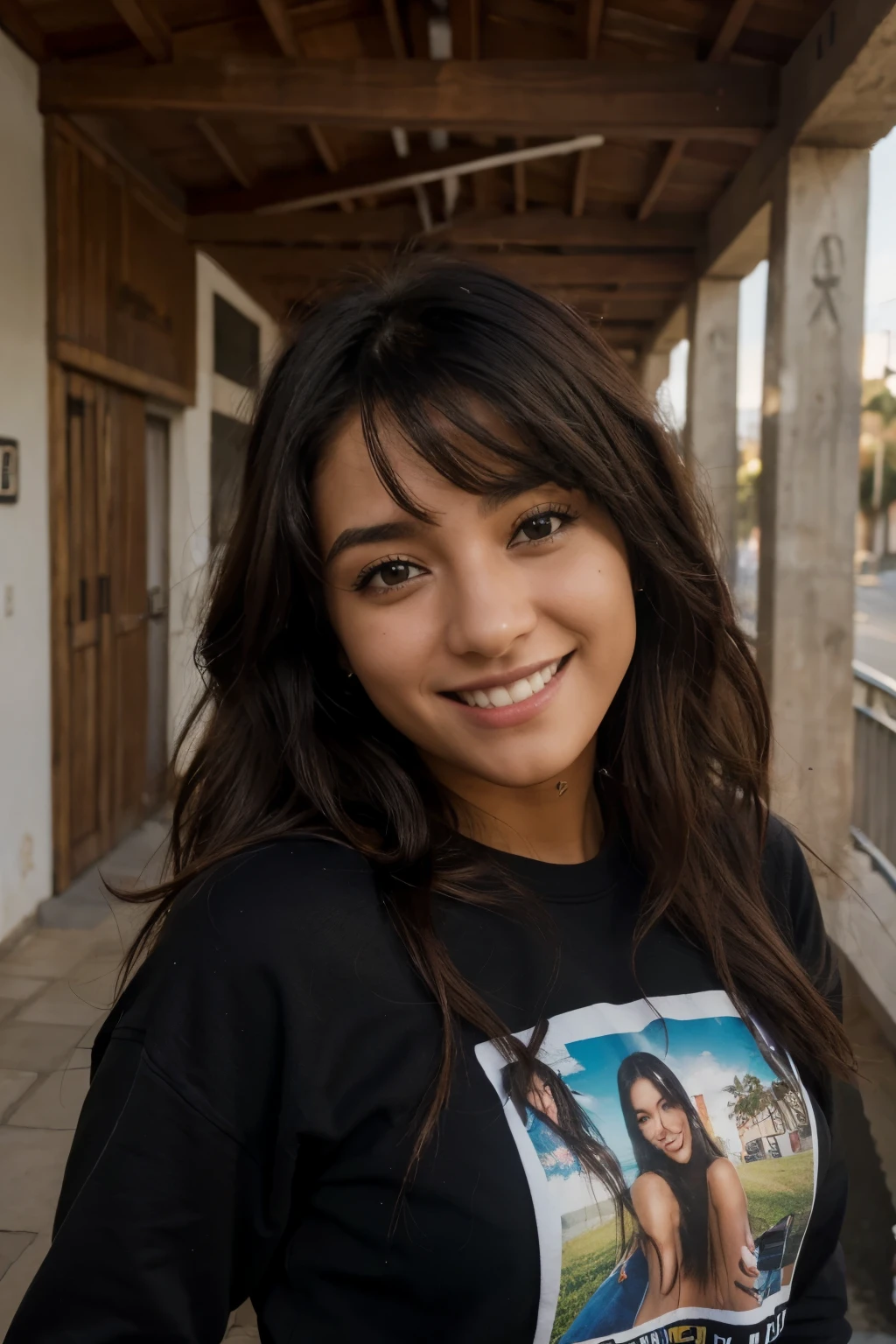 Smiling woman with long dark hair standing on a sidewalk - SeaArt AI